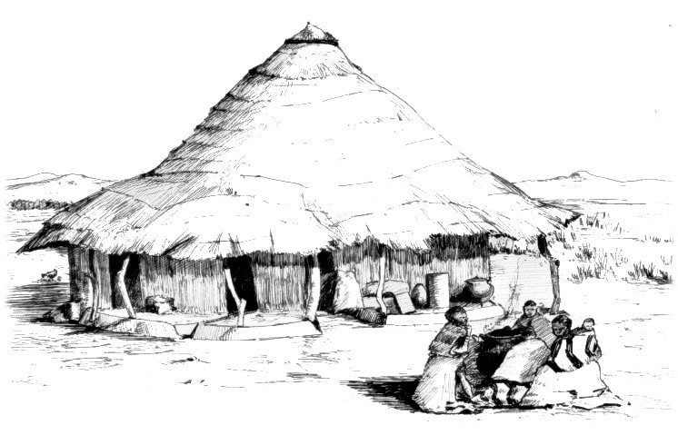 An African hut with people gathered about a fire in the foreground. - A. Sakyiama's Logo
